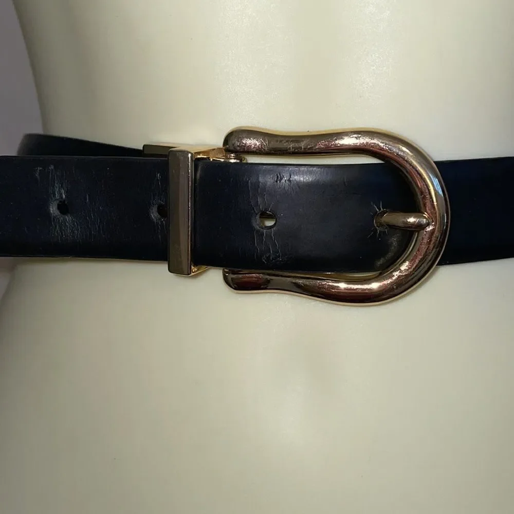 Black/brown reversible belt with gold buckle‎